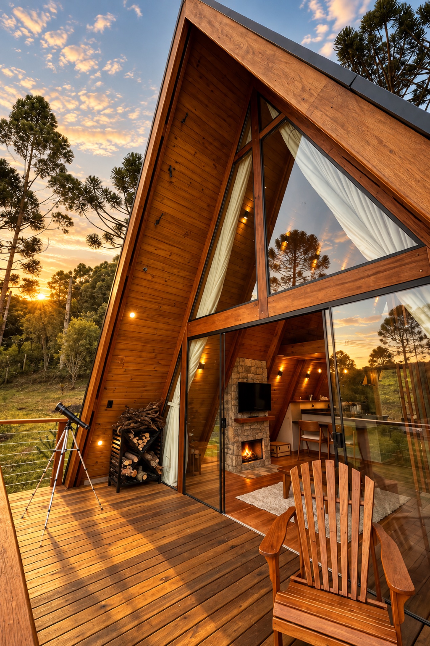 Cabana A-frame ao pôr do sol, vista do deck com telescópio, lareira acesa e a serra ao fundo